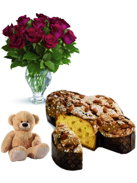 12 rose con colomba e peluche