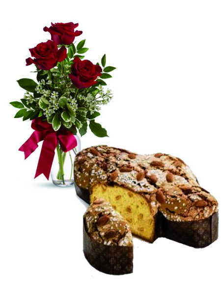 Colomba pasquale con tre rose rosse