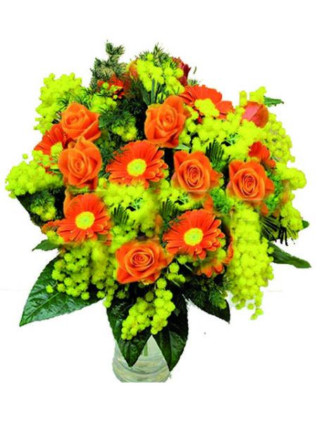 bouquet di rose gerbere e mimosa