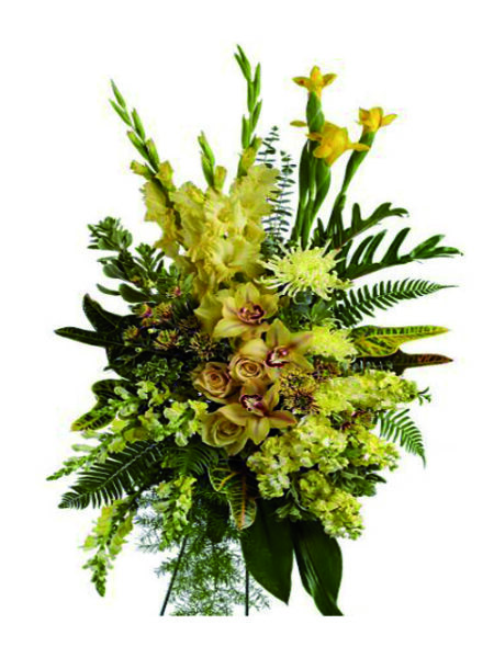 Cuscino funebre di orchidee e fiori misti gialli tenui.Â