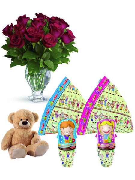 Due uova pasqua, peluche e 12 rose rosse