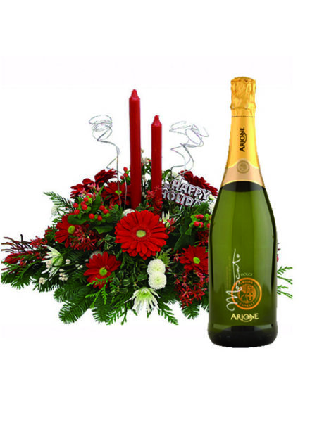 centrotavola con gerbere rosse e prosecco