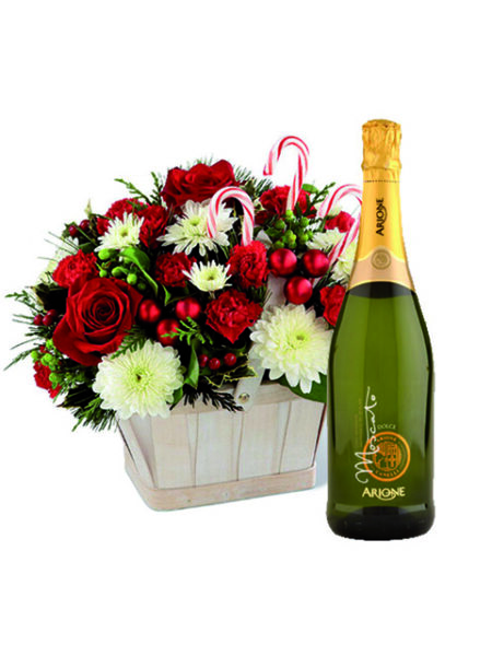 cesto di fiori natalizi con Champagne